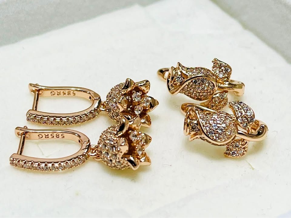 14K rose gold-plated floral earrings with cubic zirconia, stamped 585RG GF for authenticity.