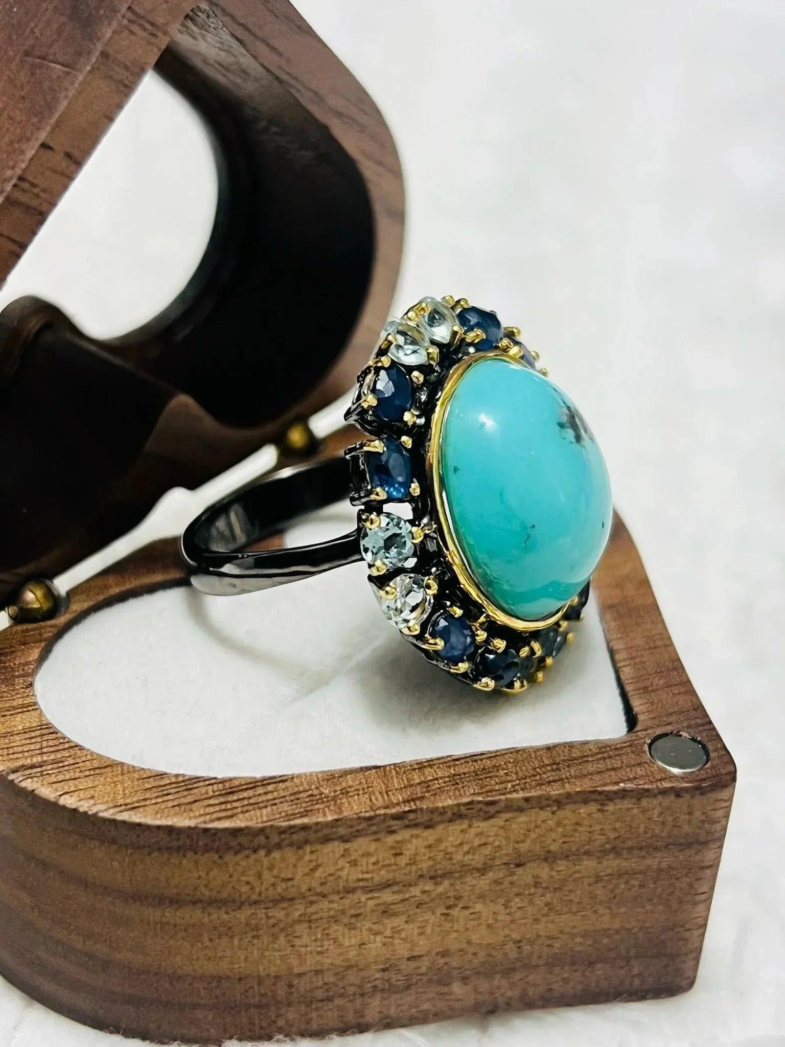 15 CT Turquoise, Sapphire and Topaz Ring - Eva & Elie Gems Inc.