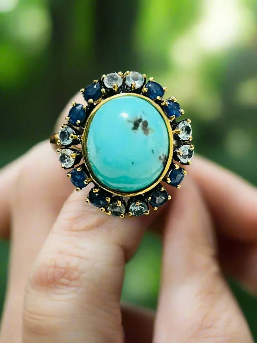 15 CT Turquoise, Sapphire and Topaz Ring - Eva & Elie Gems Inc.
