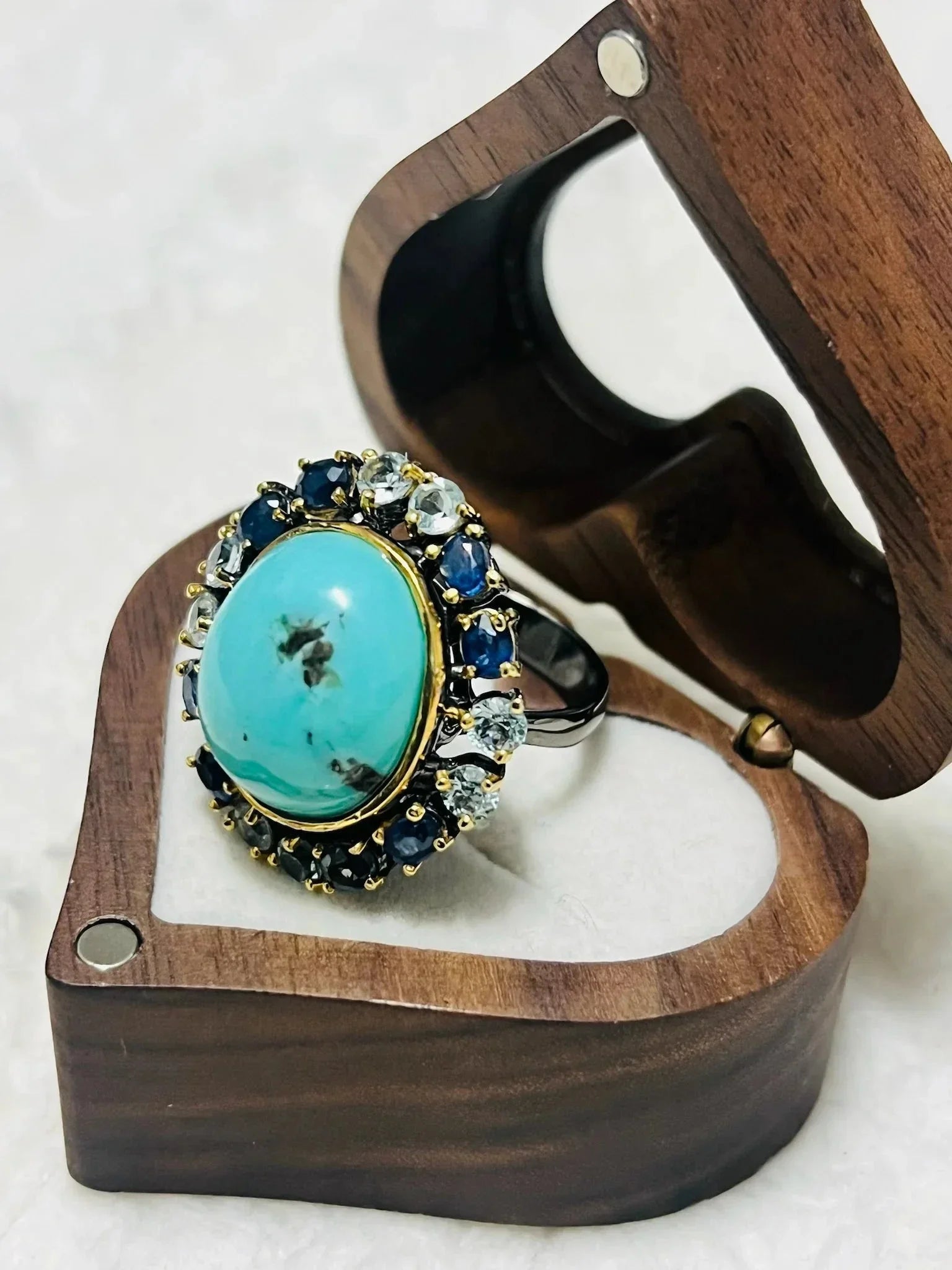 15 CT Turquoise, Sapphire and Topaz Ring - Eva & Elie Gems Inc.