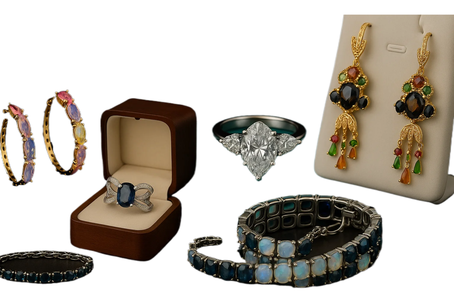 Hero Image desktop Eva & Elie Gems showing rings, Earrings, and Bracelets.