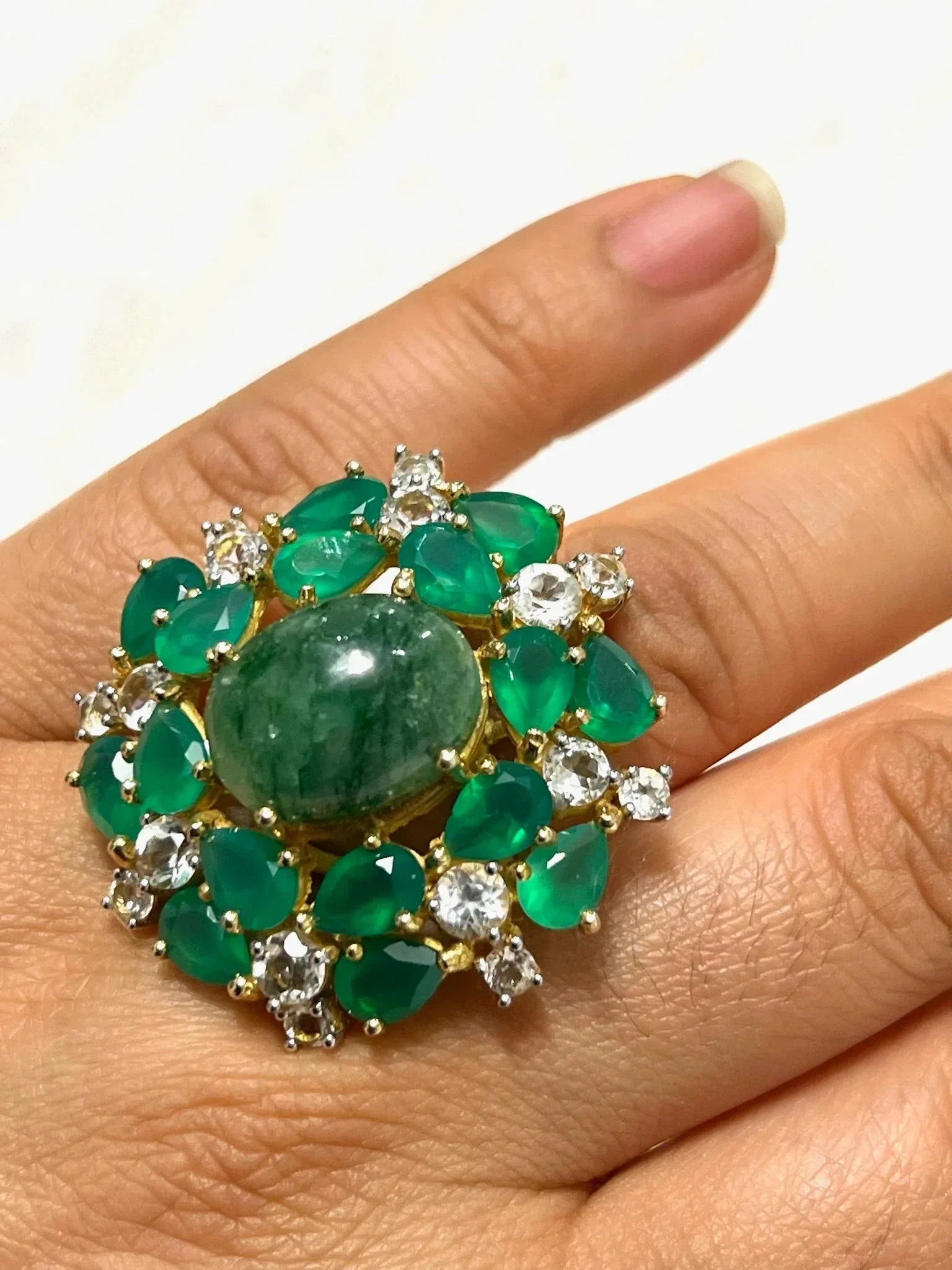 Artisan Sterling Silver Ring with Natural emerald and Agate Halo - Eva & Elie