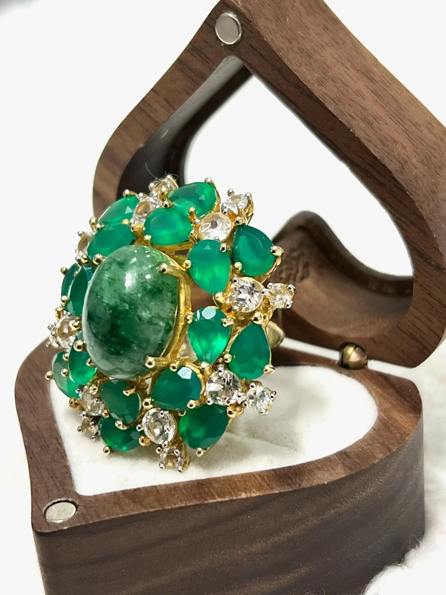 Artisan Sterling Silver Ring with Natural emerald and Agate Halo - Eva & Elie