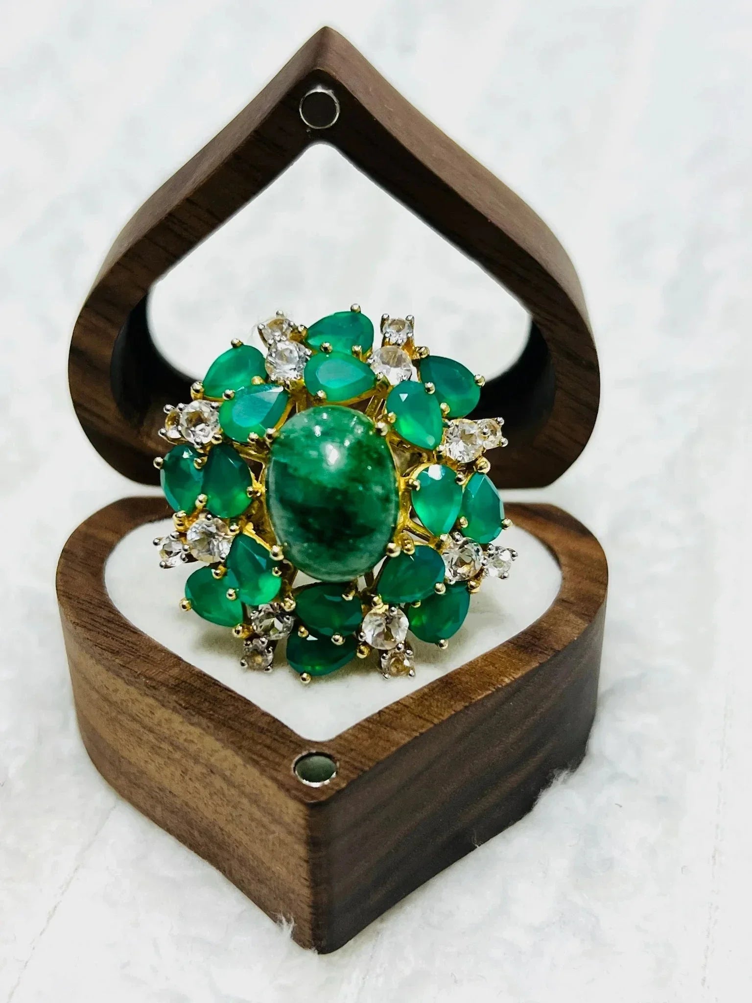 Artisan Sterling Silver Ring with Natural emerald and Agate Halo - Eva & Elie