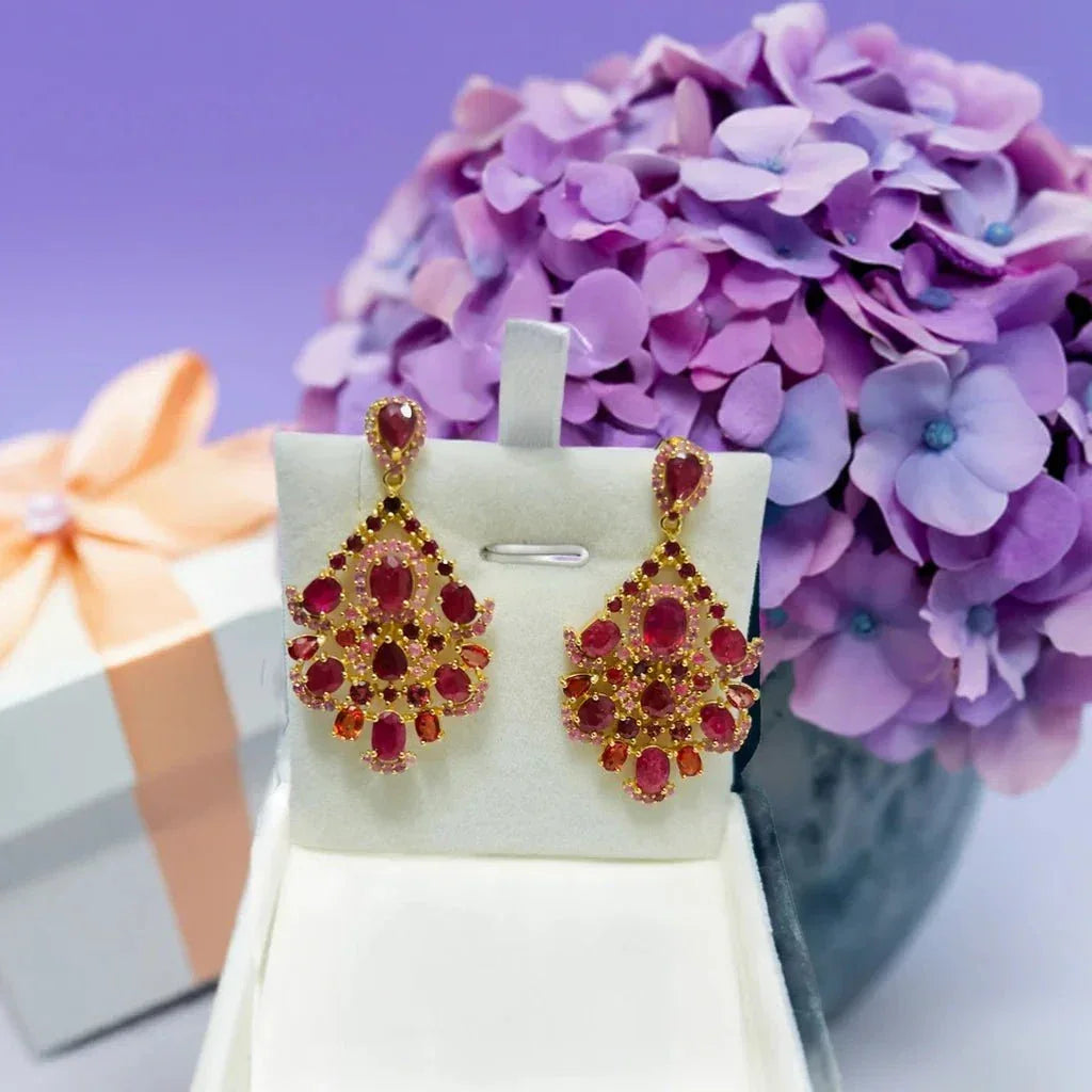 Genuine Burmese Ruby Stunning Chandelier Handmade Artisan Earrings - Eva & Elie Gems Inc.