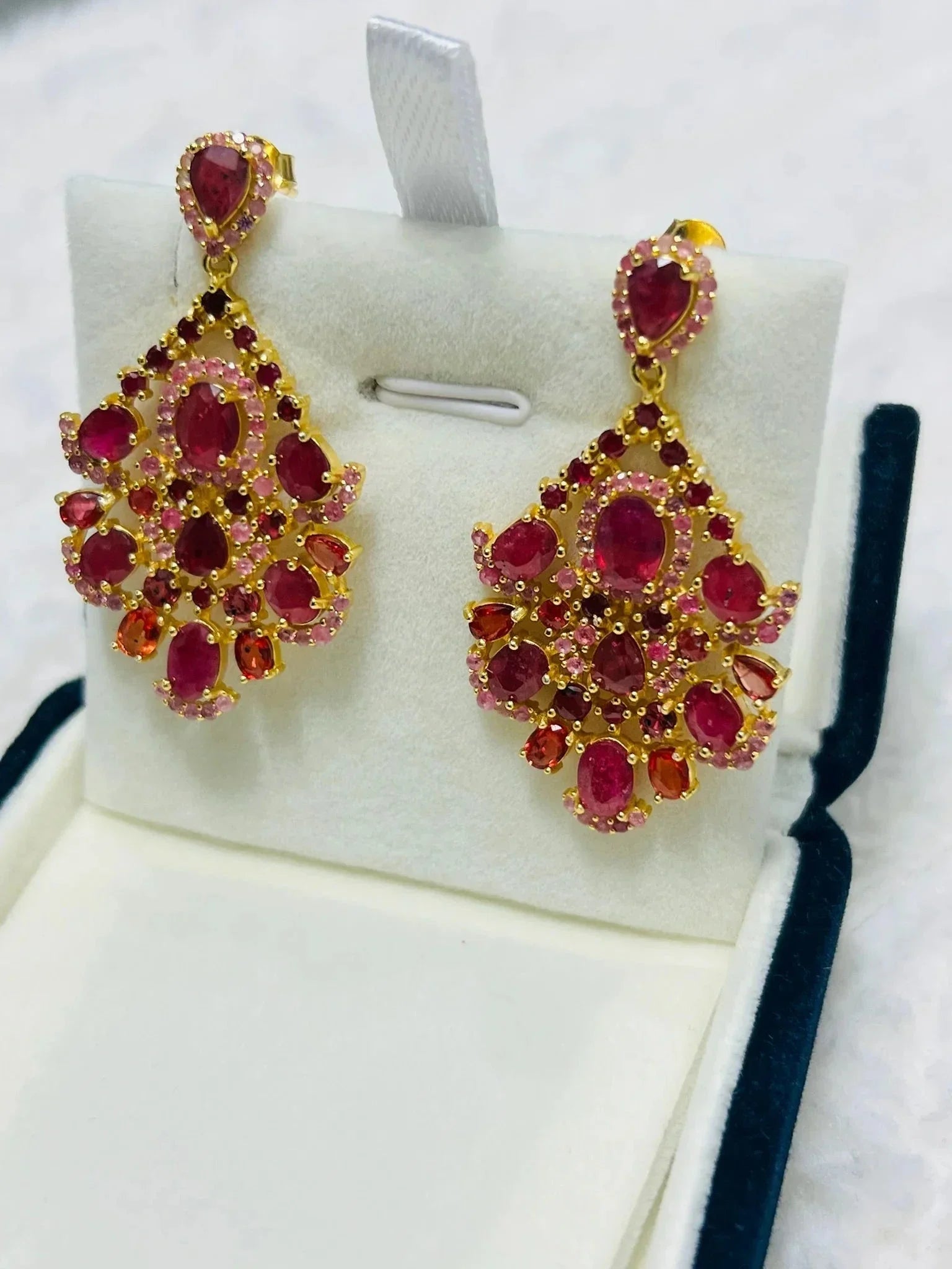 Genuine Burmese Ruby Stunning Chandelier Handmade Artisan Earrings - Eva & Elie Gems Inc.