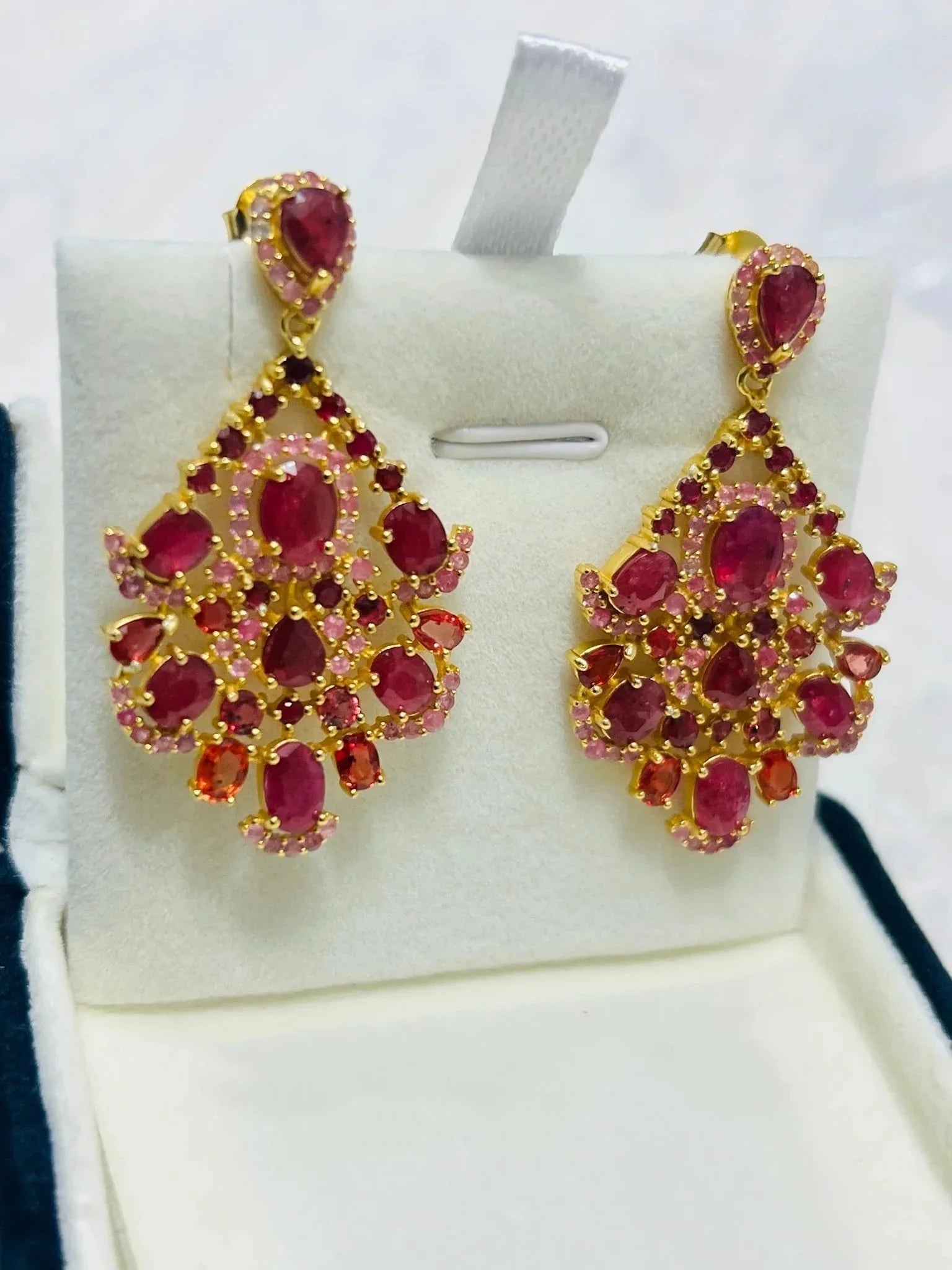 Genuine Burmese Ruby Stunning Chandelier Handmade Artisan Earrings - Eva & Elie Gems Inc.