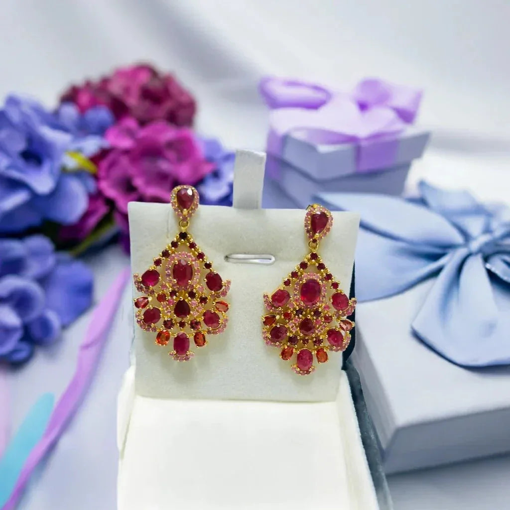 Genuine Burmese Ruby Stunning Chandelier Handmade Artisan Earrings - Eva & Elie Gems Inc.