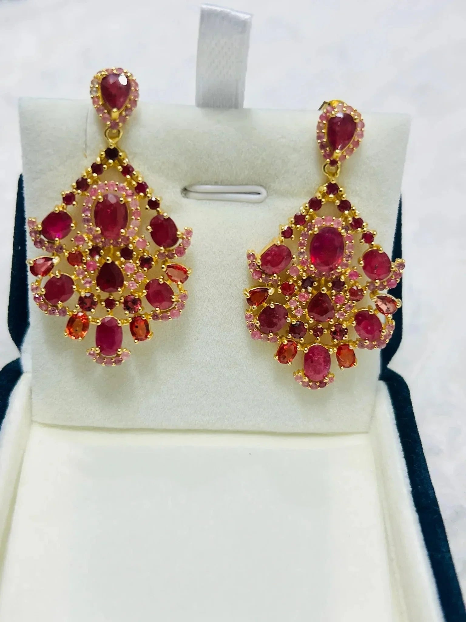 Genuine Burmese Ruby Stunning Chandelier Handmade Artisan Earrings - Eva & Elie Gems Inc.