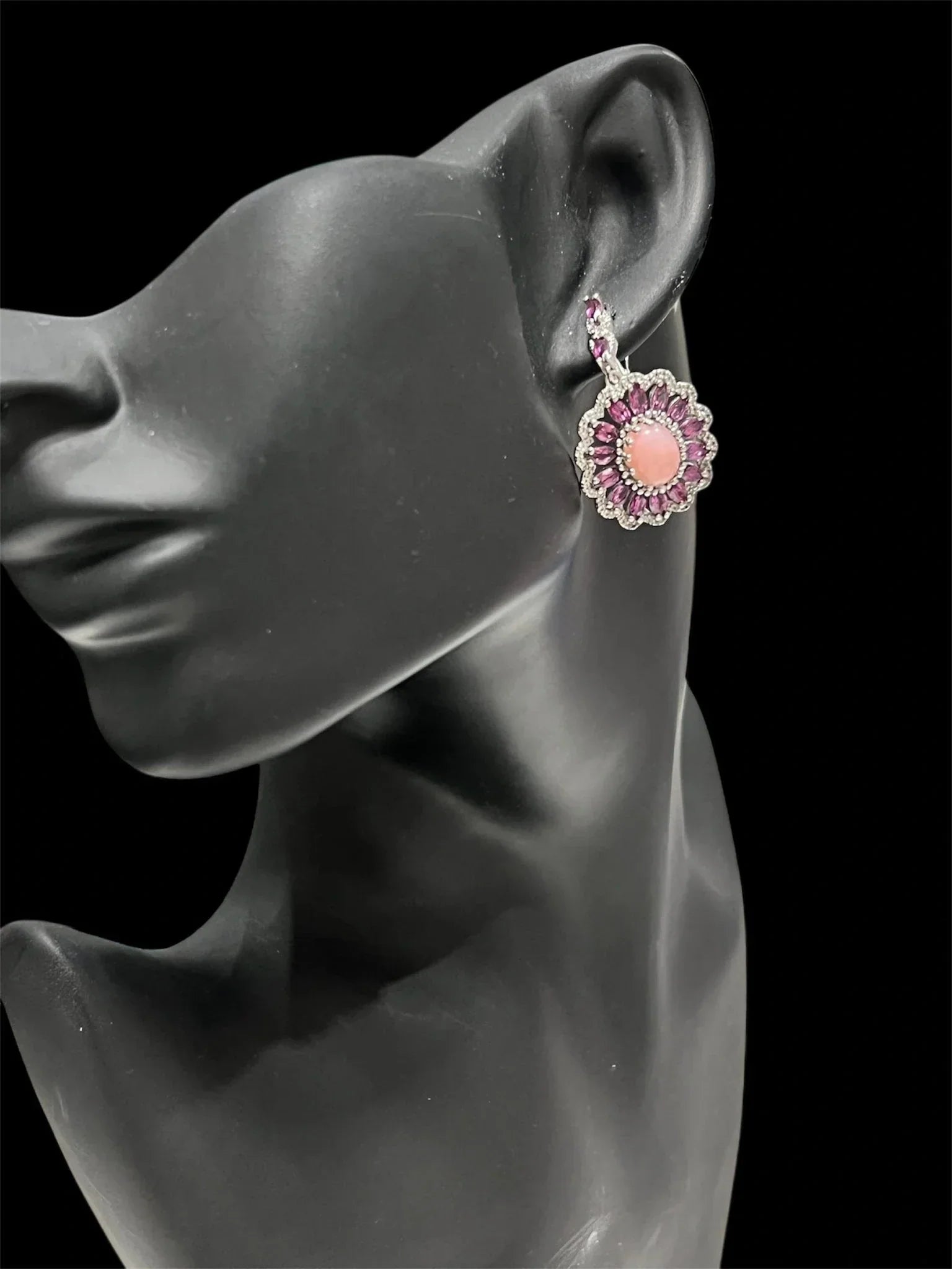 Rhodolite & Pink Opal Earrings in Rhodium - Plated Silver - Eva & Elie