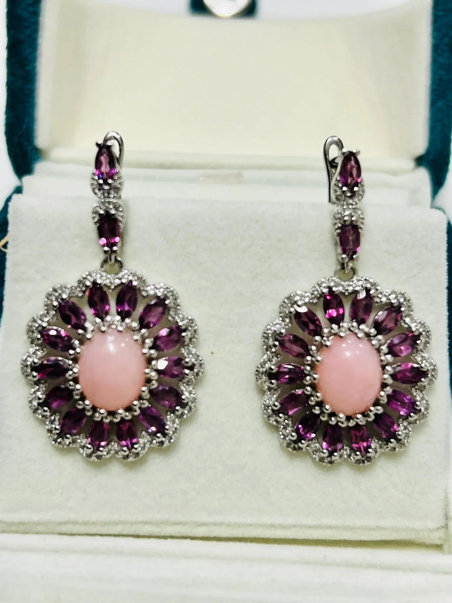Rhodolite & Pink Opal Earrings in Rhodium - Plated Silver - Eva & Elie