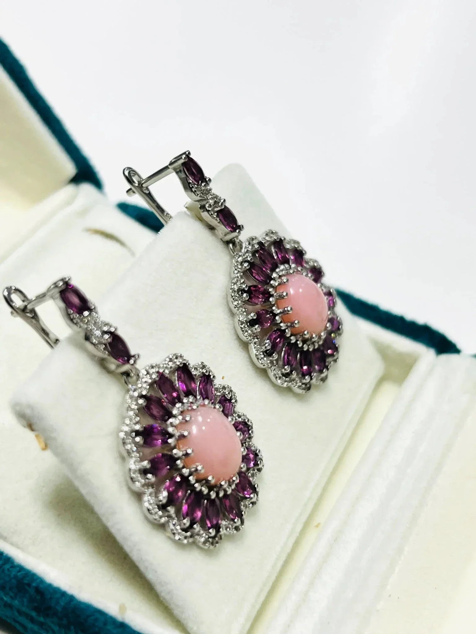 Rhodolite & Pink Opal Earrings in Rhodium - Plated Silver - Eva & Elie
