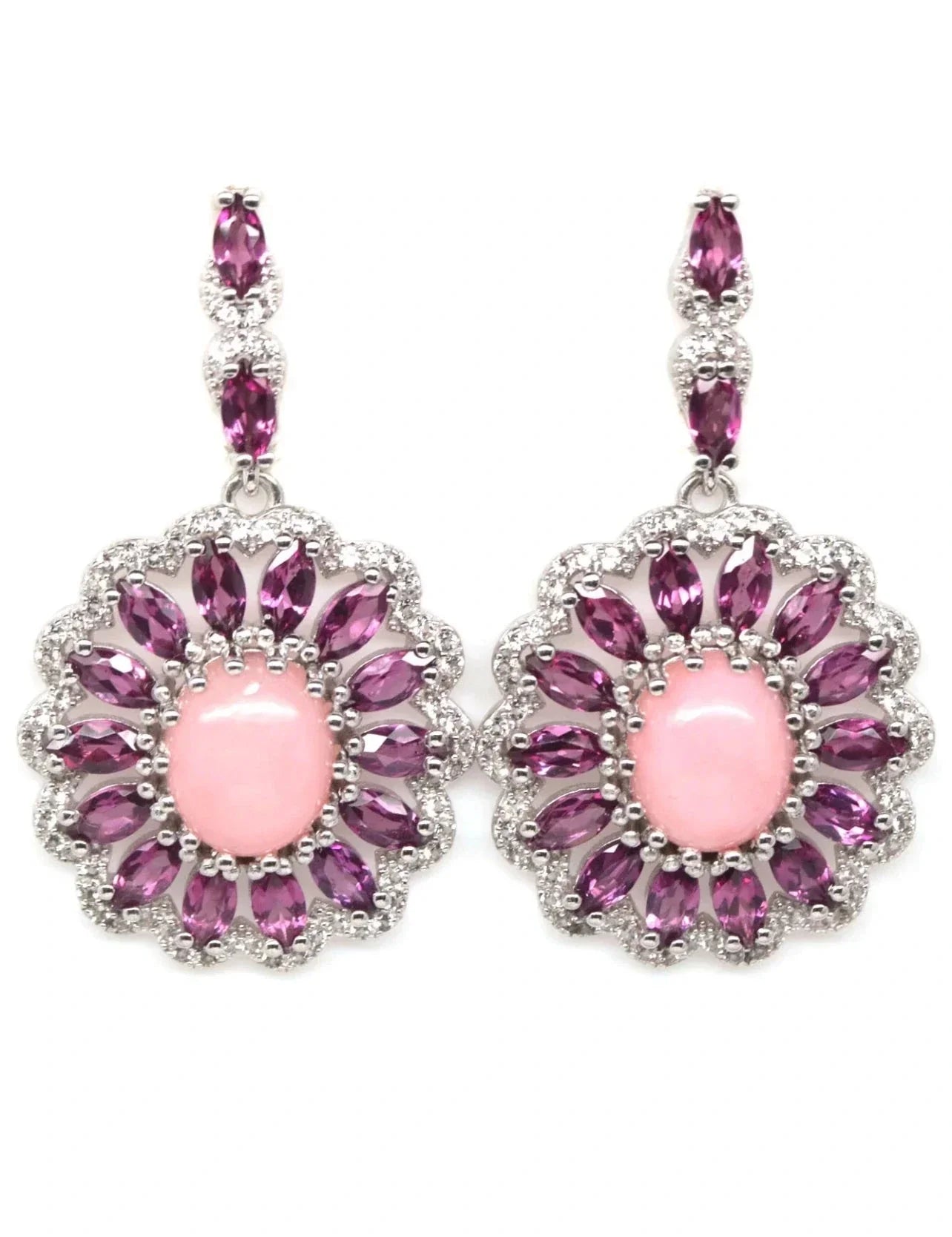 Rhodolite & Pink Opal Earrings in Rhodium - Plated Silver - Eva & Elie