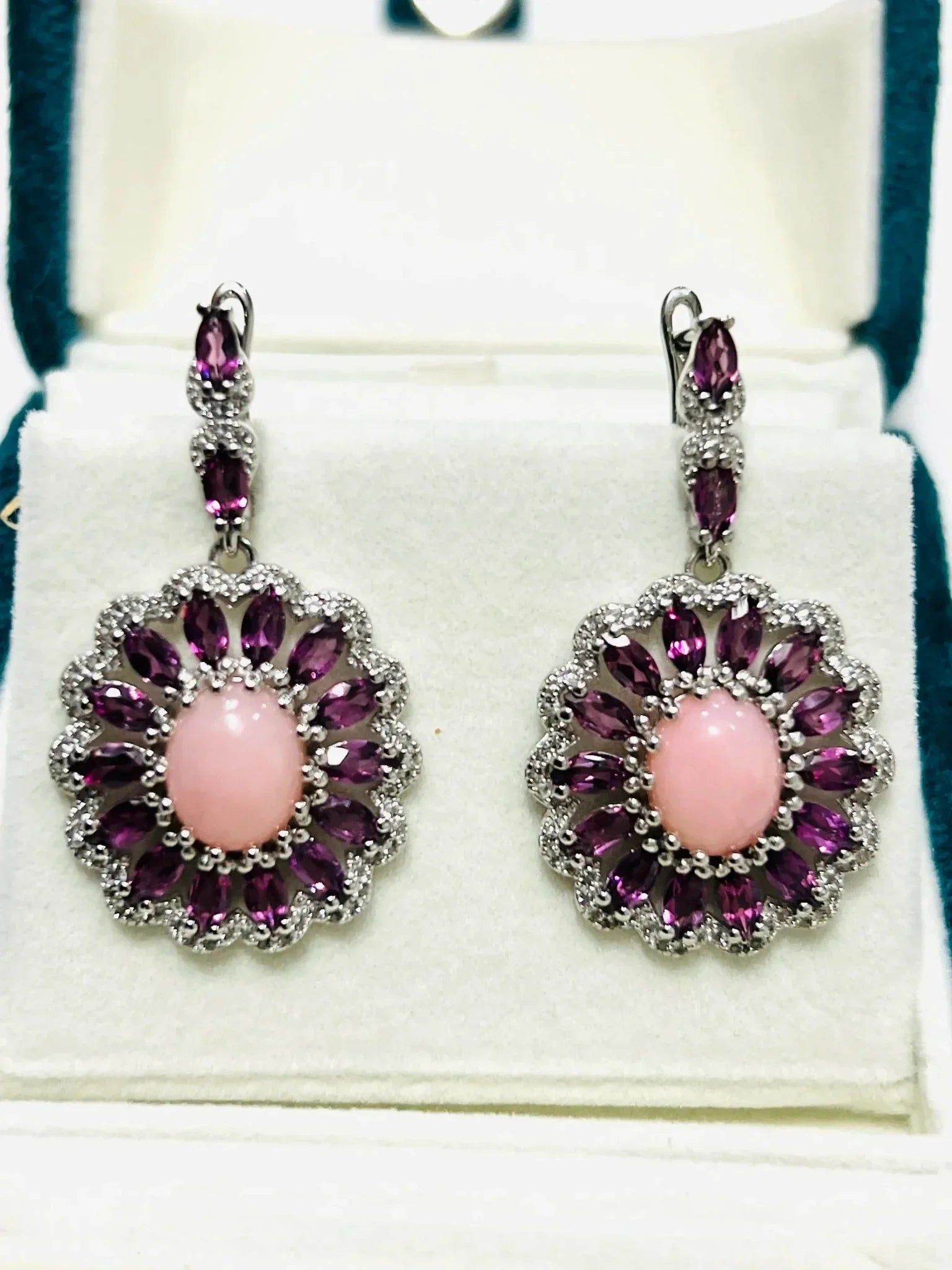 Rhodolite & Pink Opal Earrings in Rhodium - Plated Silver - Eva & Elie