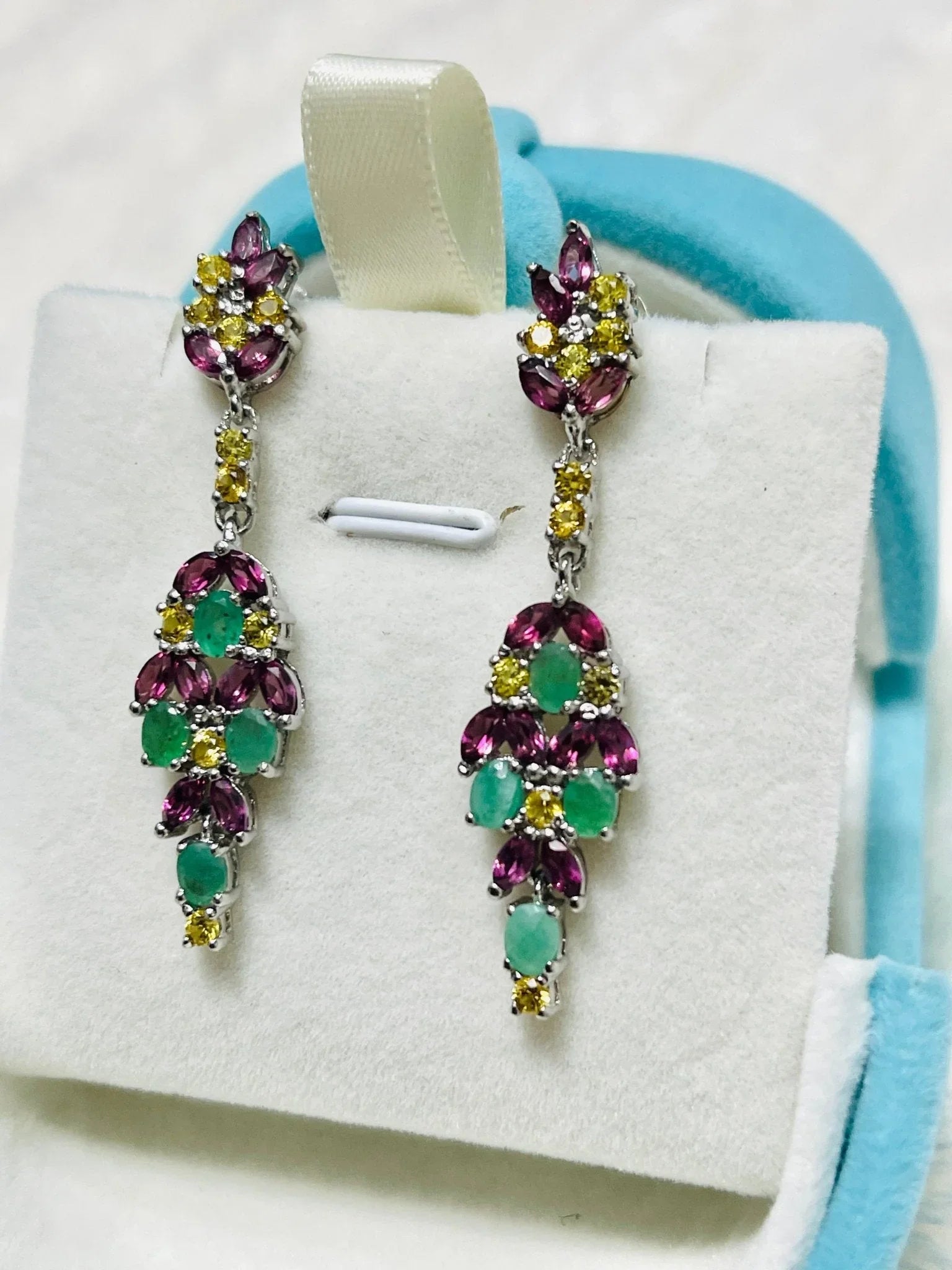 Spectacular Handmade Natural Emerald, Rhodolite Garnet and Citrine Dangle Earrings in 14k gold plated over Solid Sterling Silver.