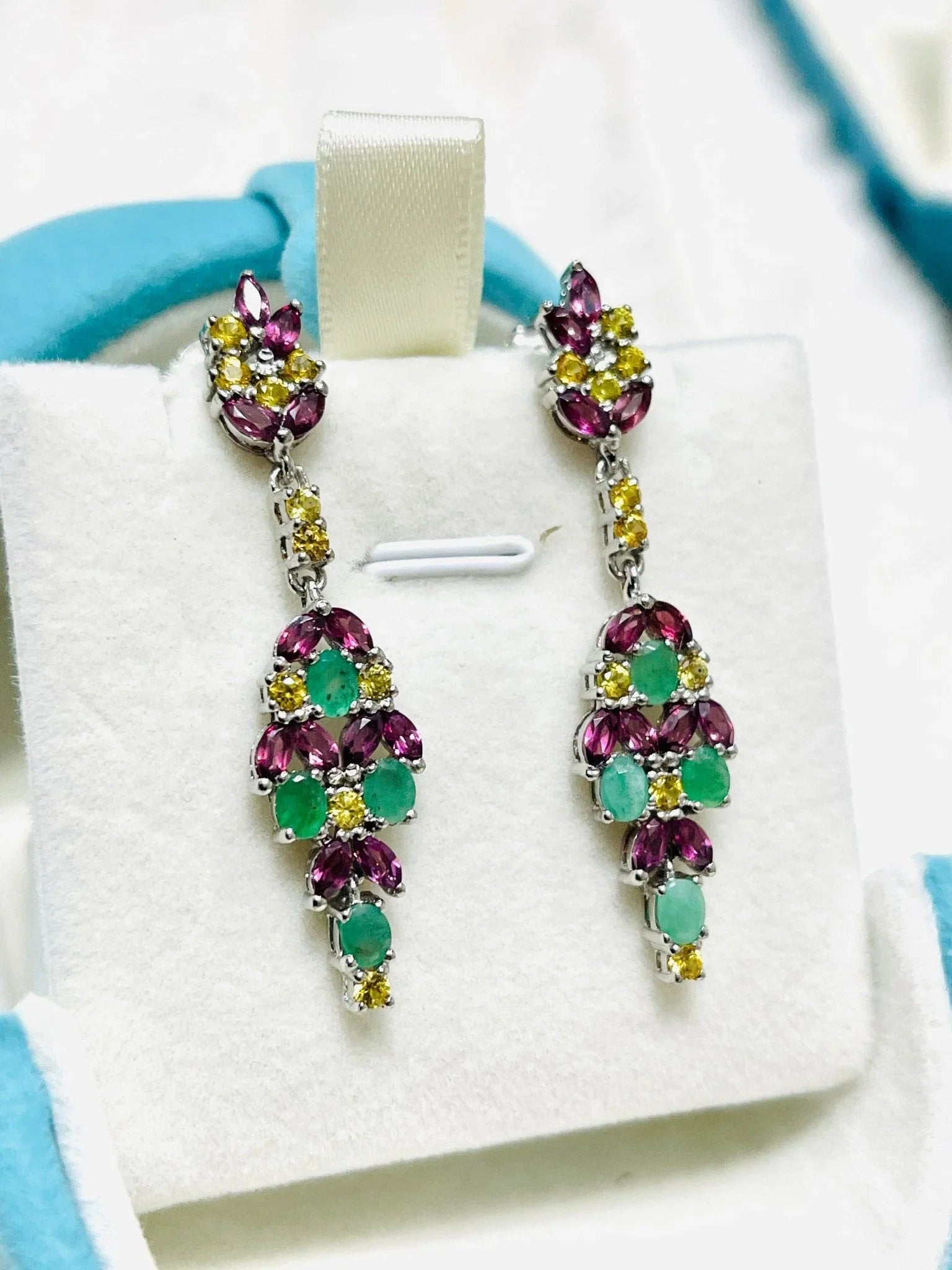 Spectacular Handmade Natural Emerald, Rhodolite Garnet and Citrine Dangle Earrings in 14k gold plated over Solid Sterling Silver.