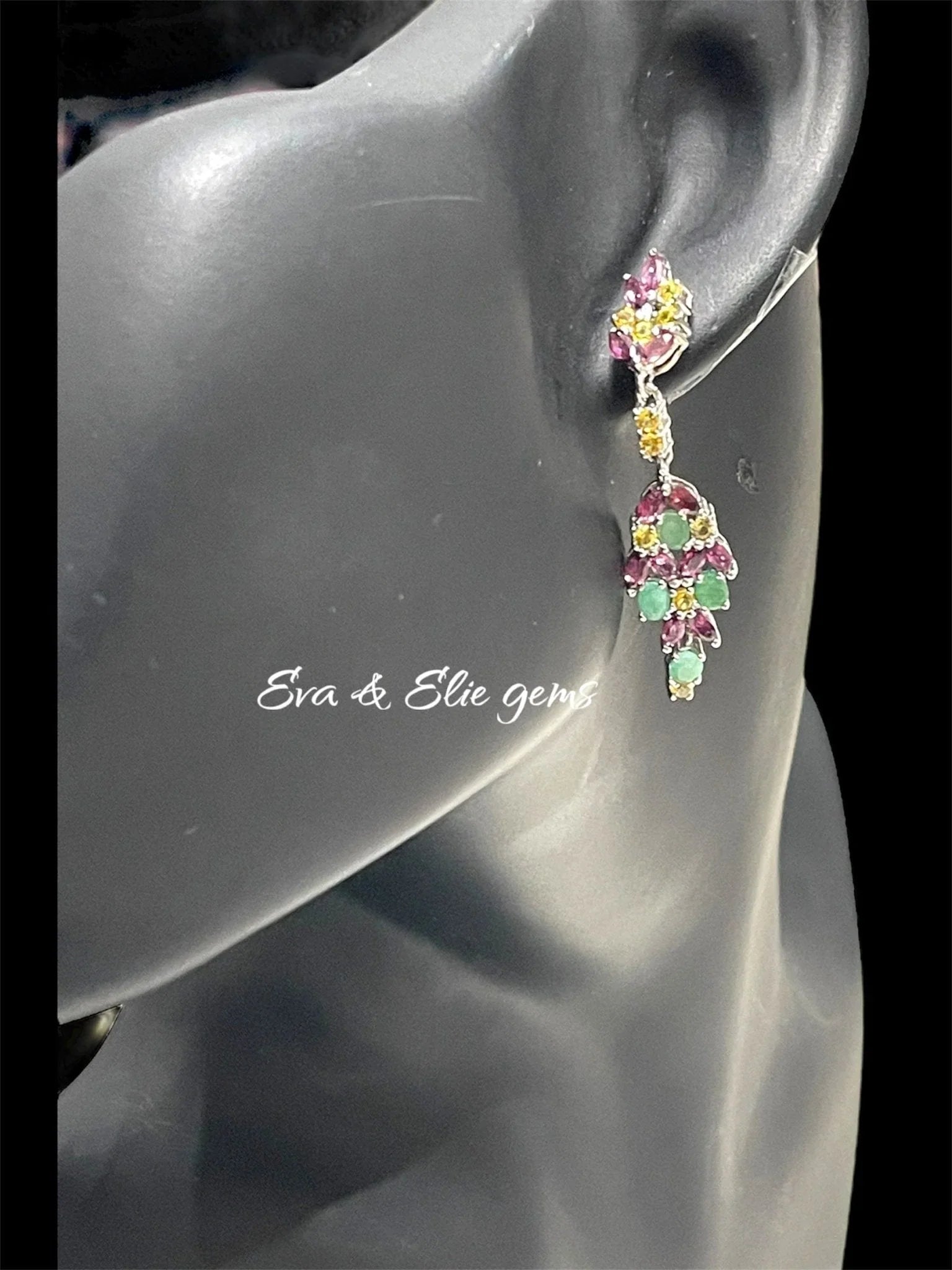Spectacular Handmade Natural Emerald, Rhodolite Garnet and Citrine Dangle Earrings in 14k gold plated over Solid Sterling Silver.