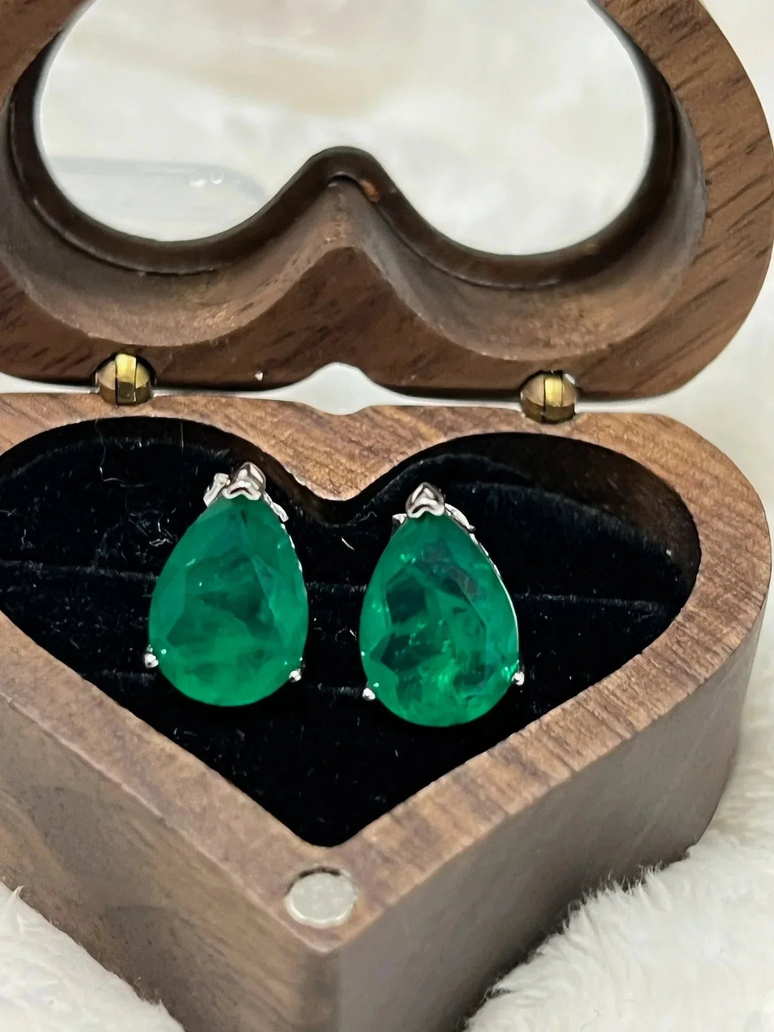 Teardrop Emerald Studs, 5 Carat, 14K White Gold Over Silver - Eva & Elie