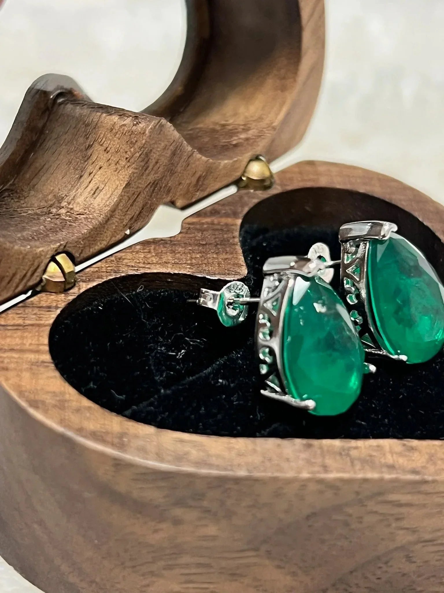 Teardrop Emerald Studs, 5 Carat, 14K White Gold Over Silver - Eva & Elie