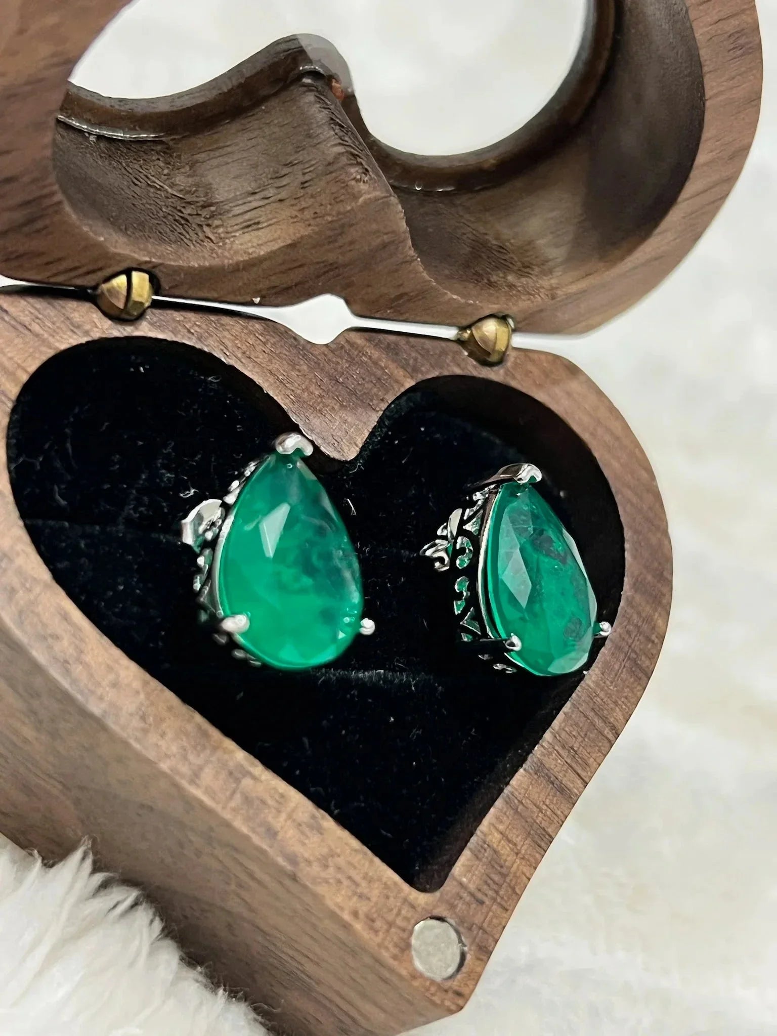 Teardrop Emerald Studs, 5 Carat, 14K White Gold Over Silver - Eva & Elie