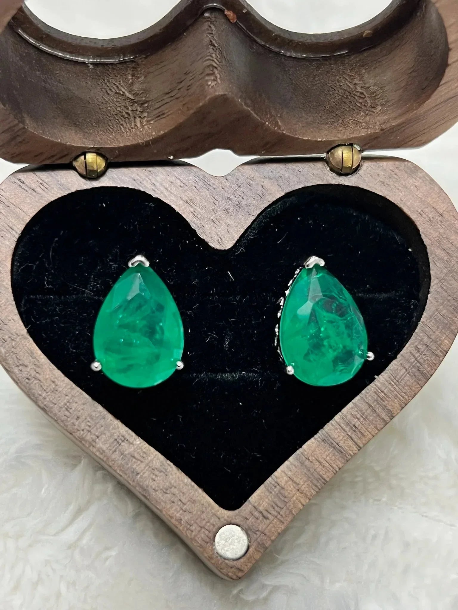 Teardrop Emerald Studs, 5 Carat, 14K White Gold Over Silver - Eva & Elie