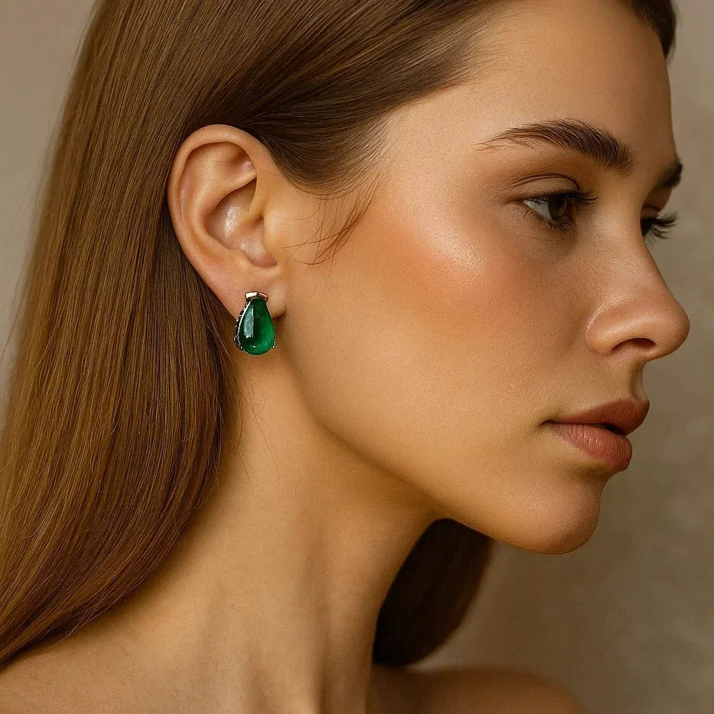 Teardrop Emerald Studs, 5 Carat, 14K White Gold Over Silver - Eva & Elie