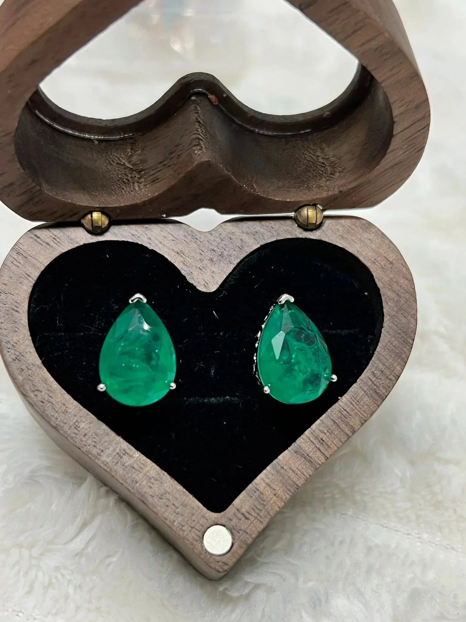 Teardrop Emerald Studs, 5 Carat, 14K White Gold Over Silver - Eva & Elie