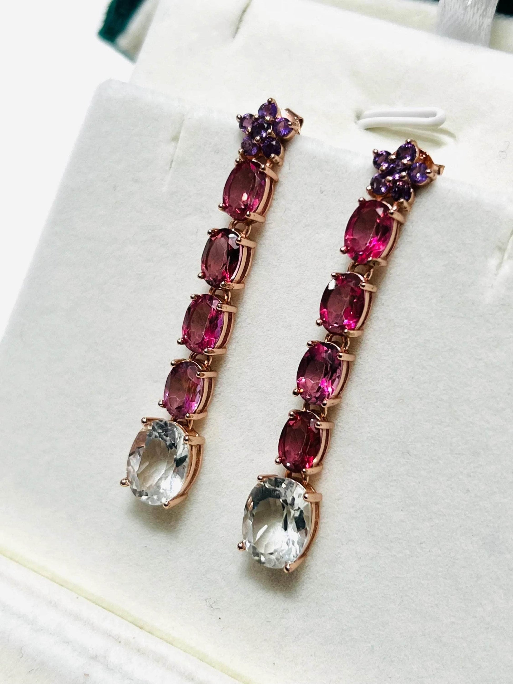 Stylish rose gold bar earrings showcasing clear topaz and graduated pink & purple amethyst. Unique jewelry.