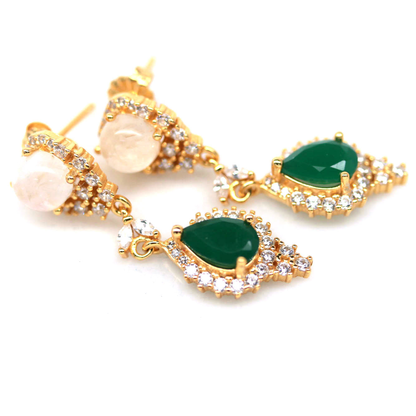 Handmade Green Agate, Moonstone & Cubic Zirconia Earrings