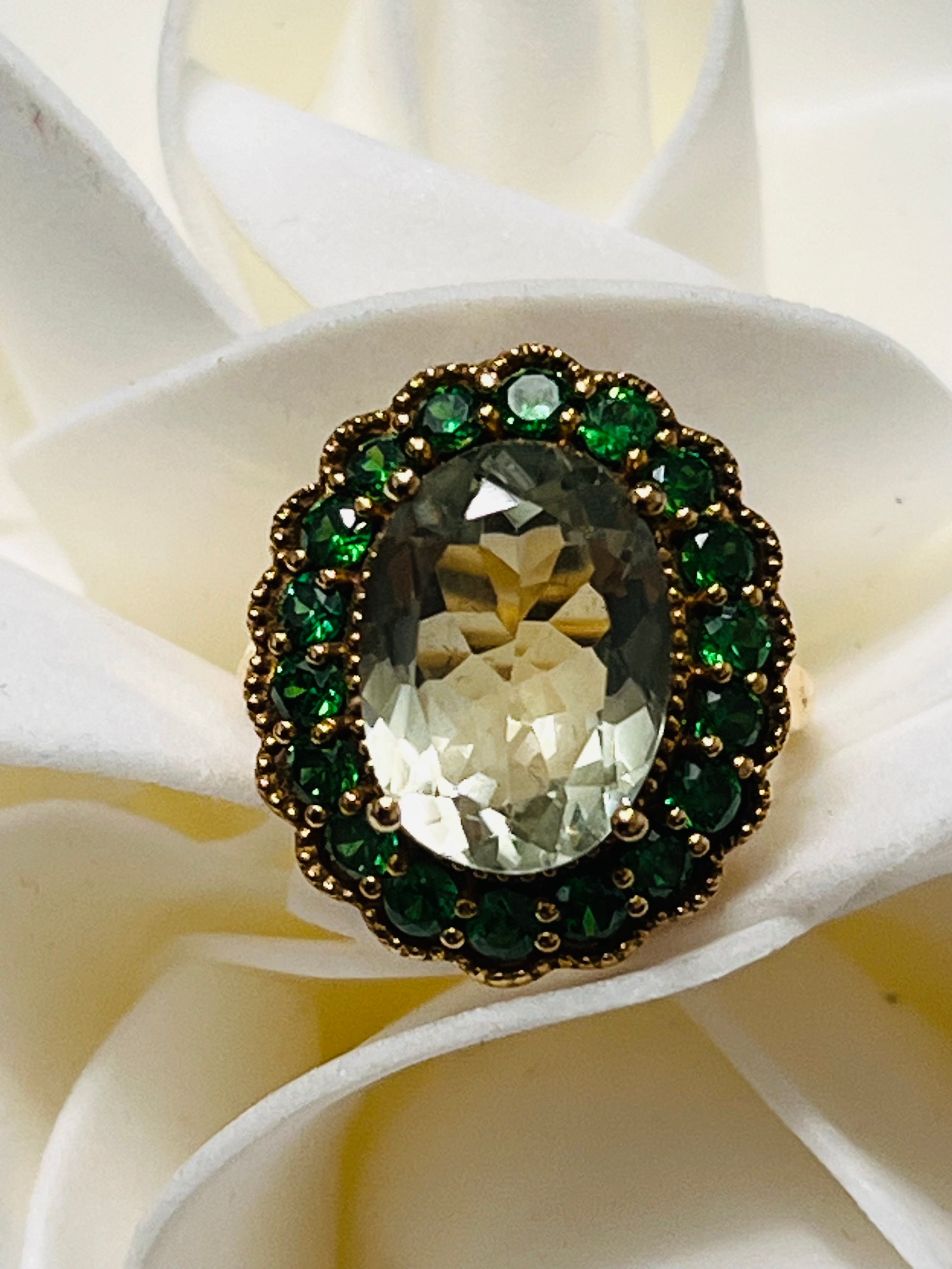 Elegant Sterling Silver Statement Ring- Green Amethyst and Chrome Diopside