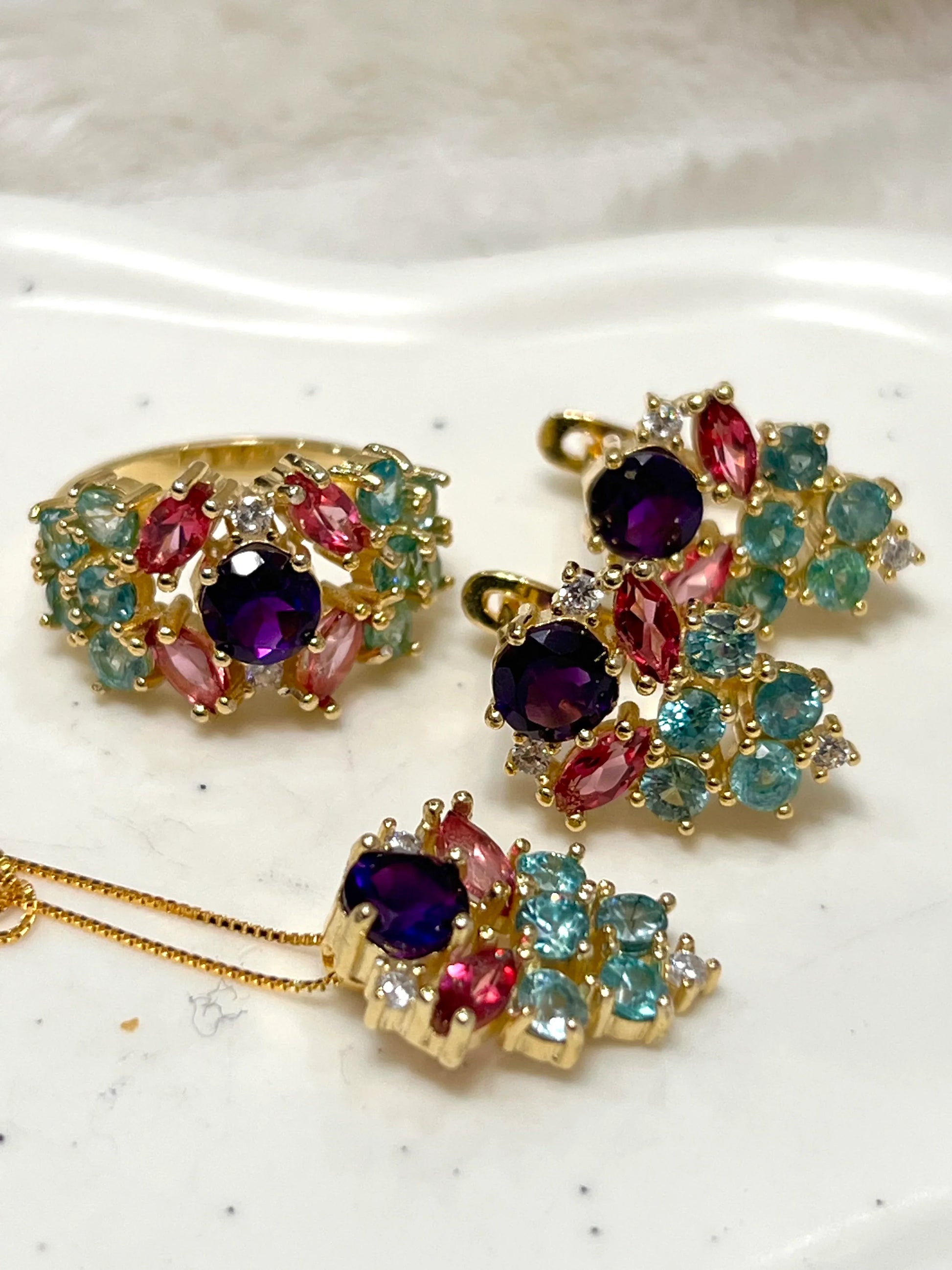 Handmade Amethyst, Paraíba Tourmaline & Pink Sapphire Jewelry Set – 18K Gold Plated Sterling Silver