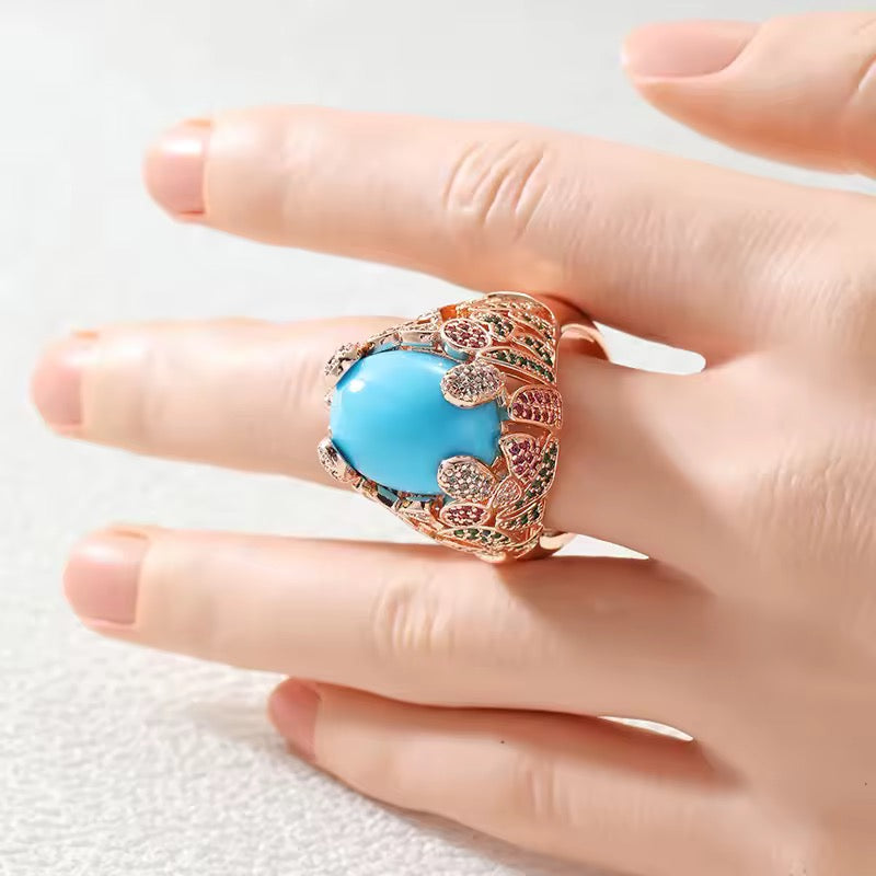 Lab Created Turquoise Statement Ring with Sapphire Accents | Vintage Gold Plated Ring