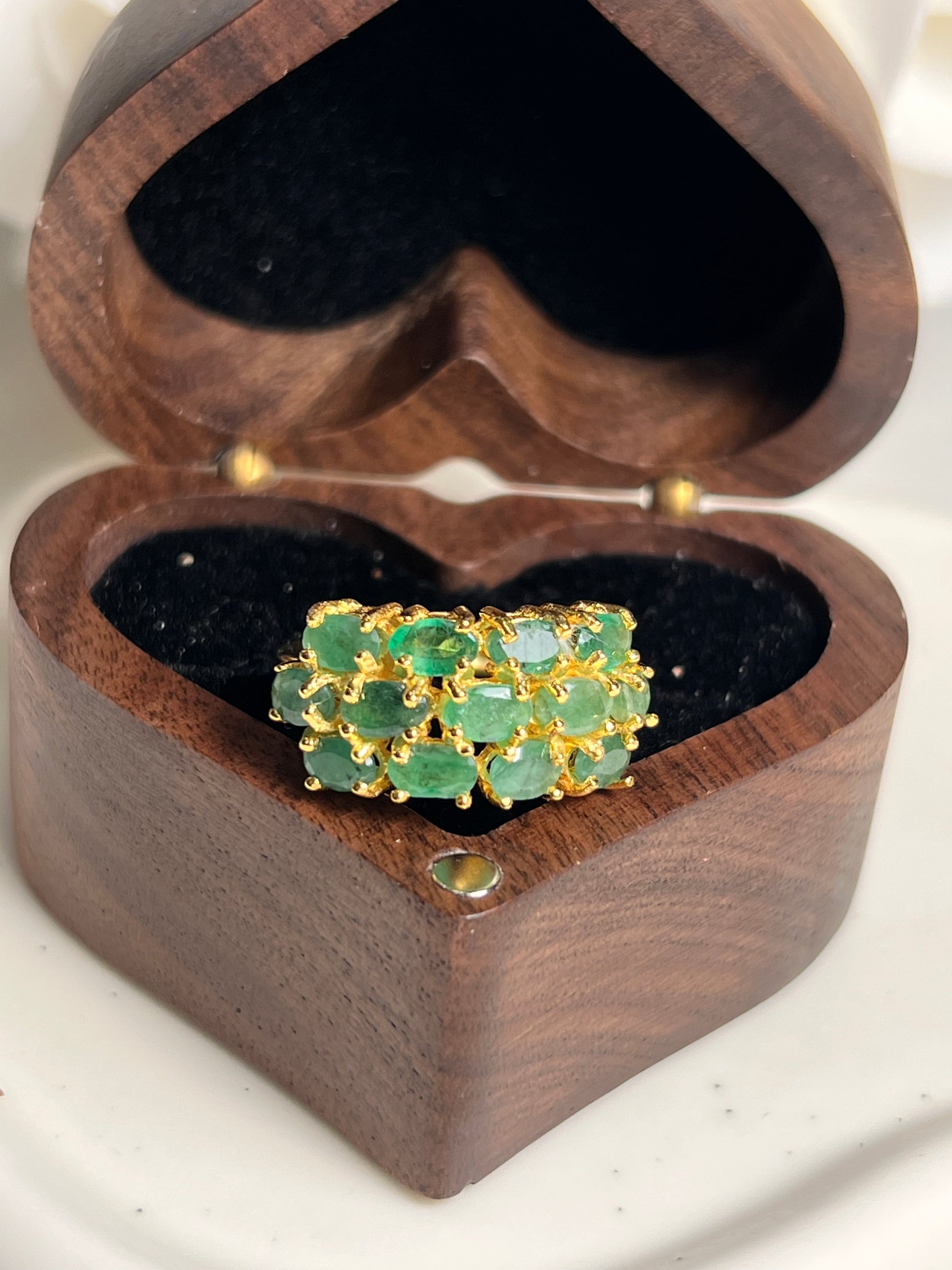 Handmade Triple-Row Zambian Emerald Ring in Yellow Gold Vermeil