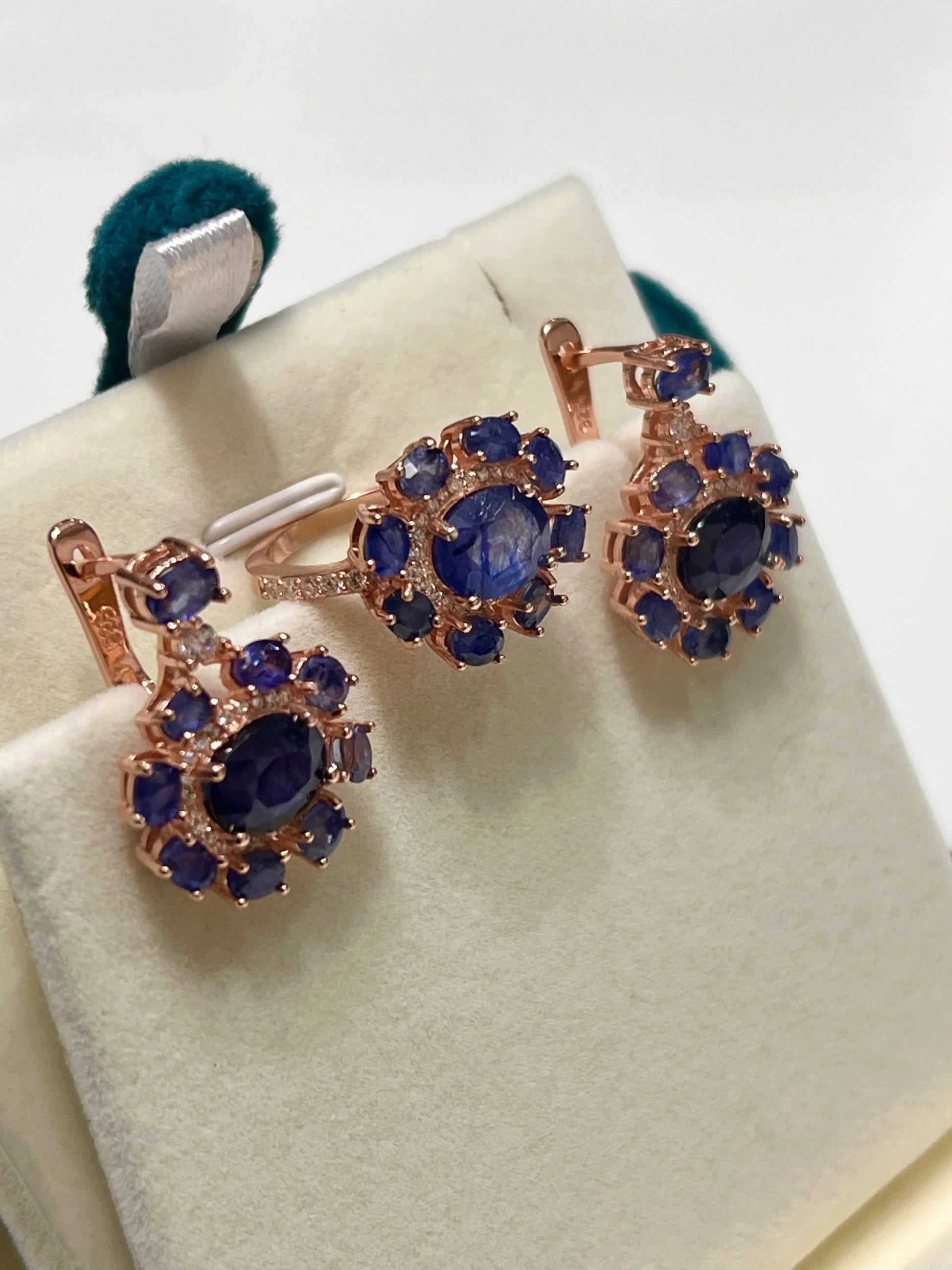 All-Sapphire Jewelry Set in Palladium Silver with 18K Rose Gold Vermeil