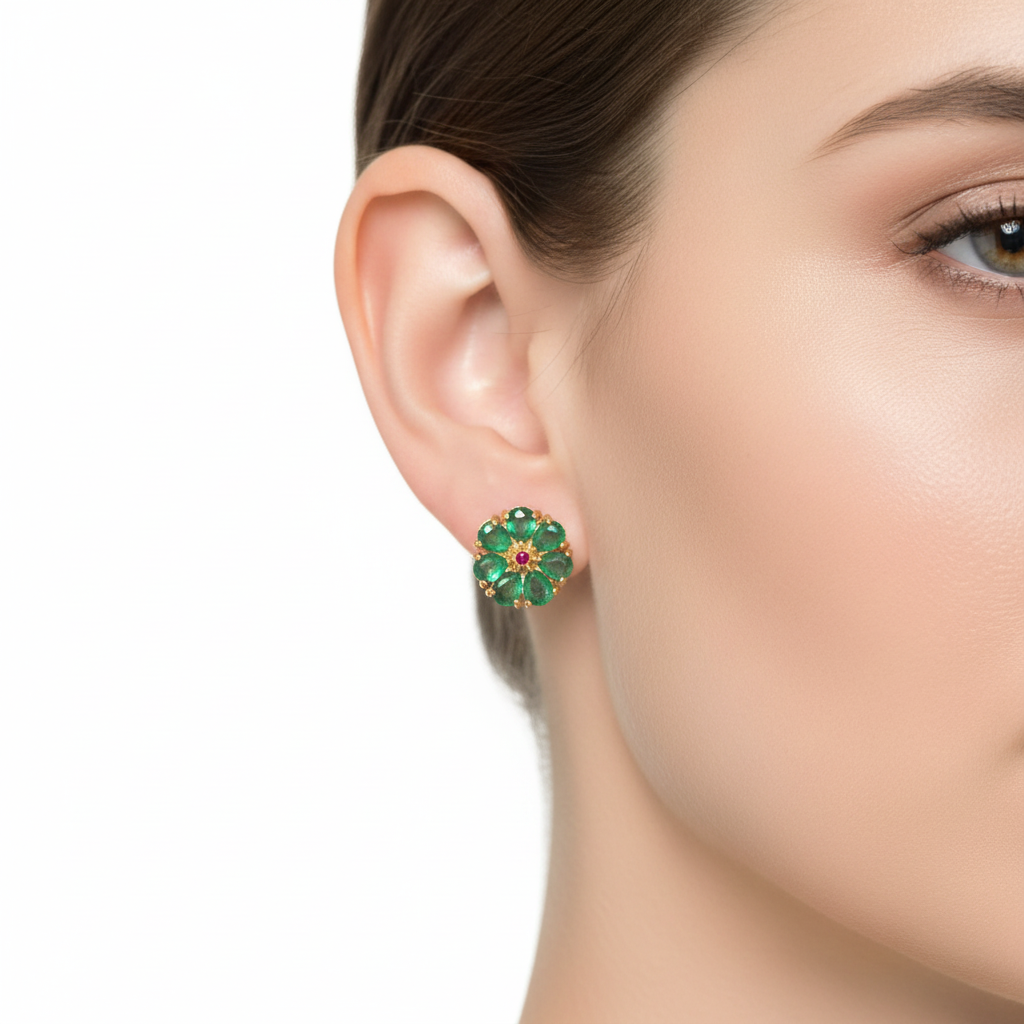 Handmade Colombian Emerald & Pink Ruby Earrings