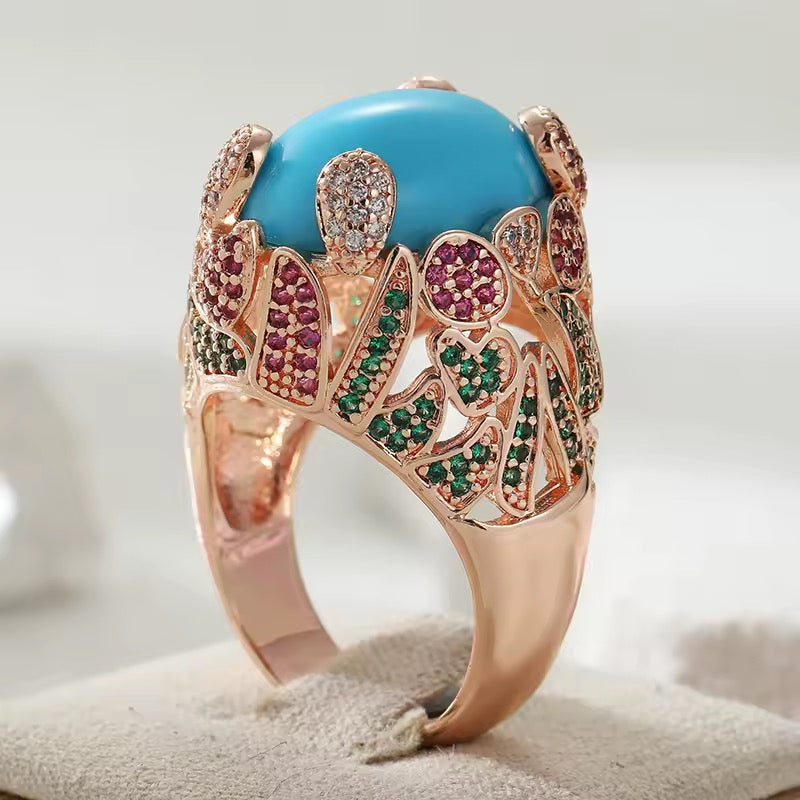 Lab Created Turquoise Statement Ring with Sapphire Accents | Vintage Gold Plated Ring