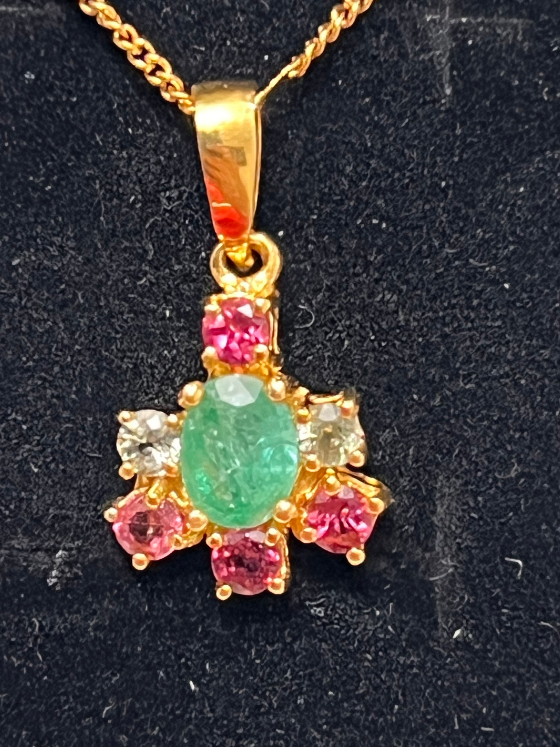 Natural Colombian Emerald Pendant Necklace in Sterling Silver with Colored Sapphire Halo – 2 Carat Oval Emerald