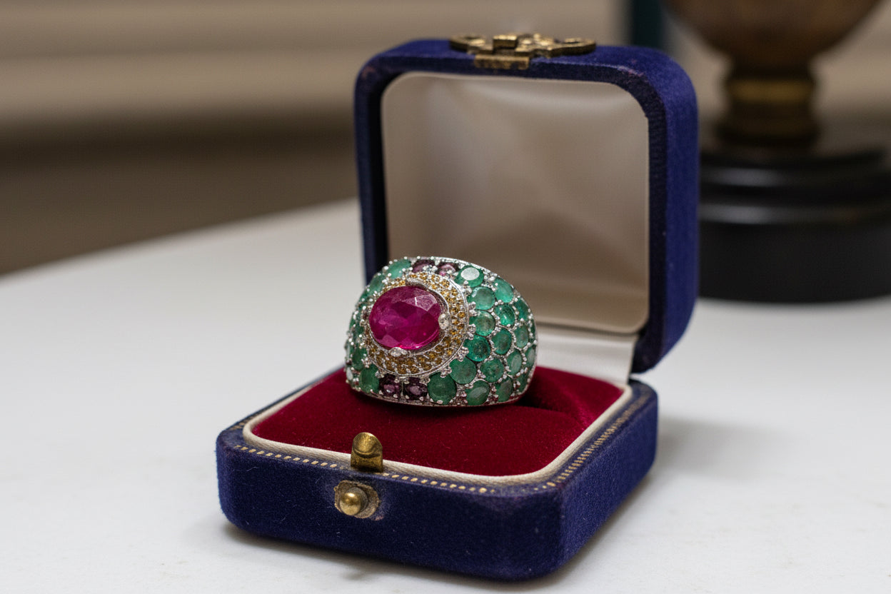 Handmade Peacock Ring with genuine Rubies and Emerald