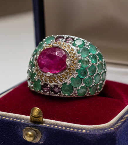 Handmade Peacock Ring with genuine Rubies and Emerald