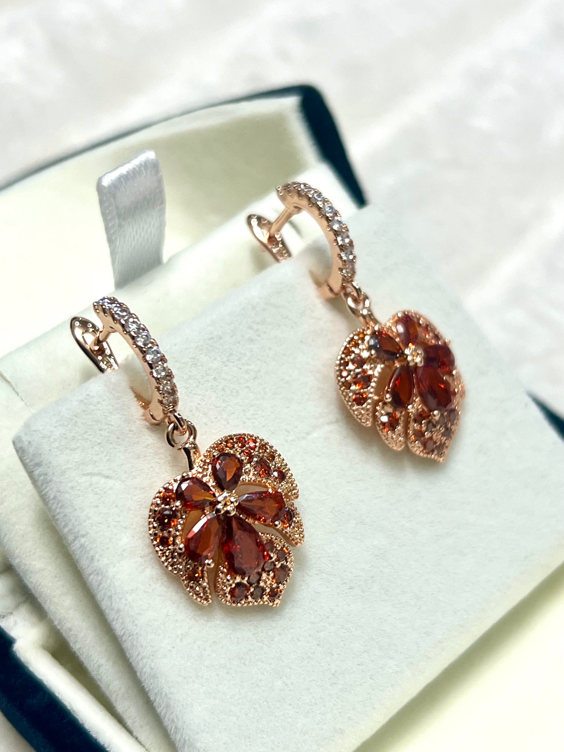 14K Rolled Gold Heart Maple Shaped Garnet Earrings