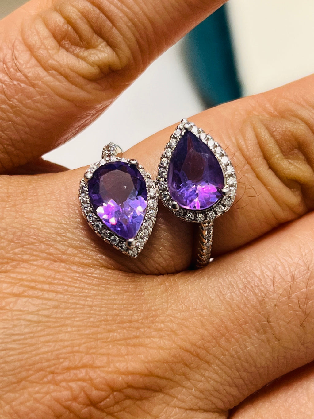 Handmade genuine Twin Amethyst Leaf Ring with White Topaz Accents