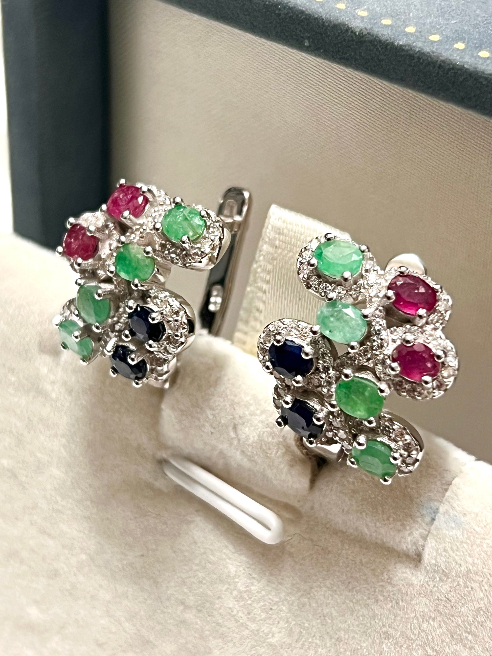 Handmade Sapphire, Emerald and Ruby zig zag Earrings