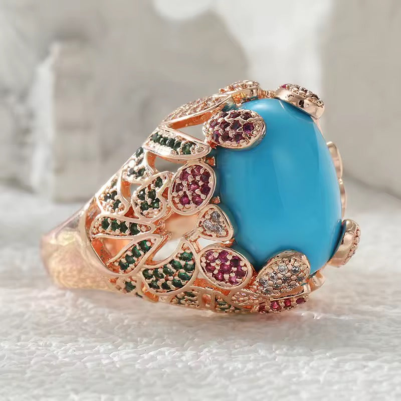 Lab Created Turquoise Statement Ring with Sapphire Accents | Vintage Gold Plated Ring