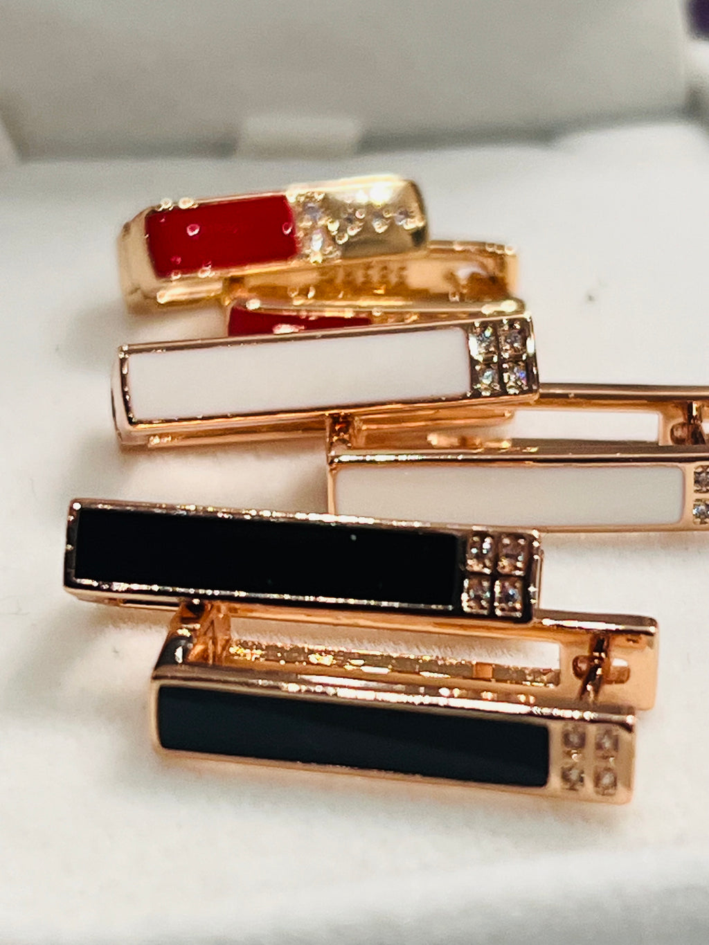 14K Rolled Gold Rectangle Enamel Earrings – Minimalist Futuristic Geometric Earrings Red White Black