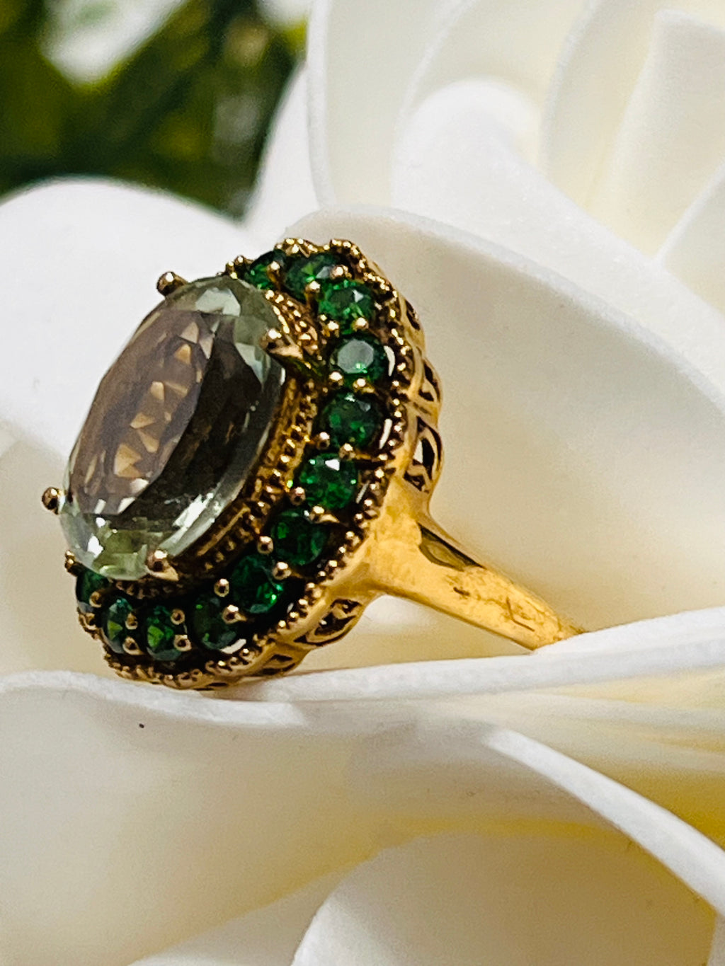 Elegant Sterling Silver Statement Ring- Green Amethyst and Chrome Diopside
