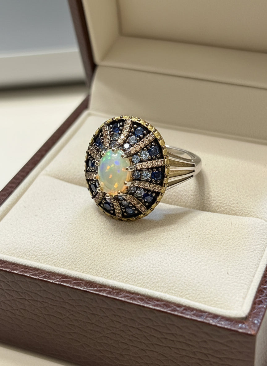 Handmade Fire Opal, Sapphires and Diamond Ring