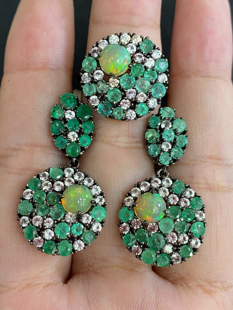 Handmade Opal, Emerald & White Topaz Ring and Earrings Set