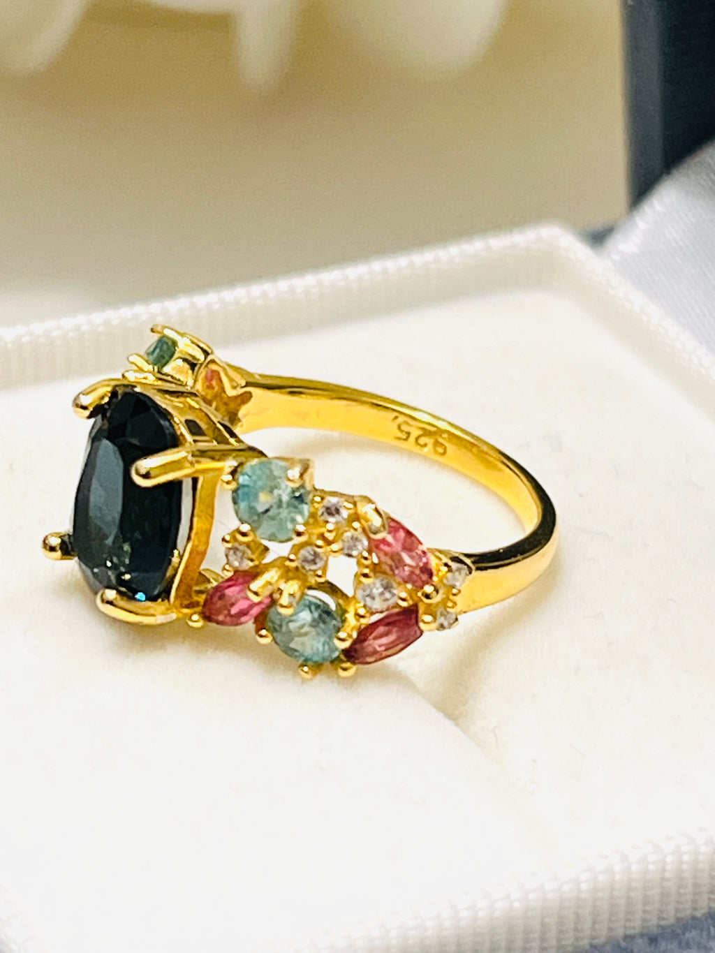 London Blue Topaz Solitaire Ring with Pink Tourmaline Accents – 18K Gold Vermeil