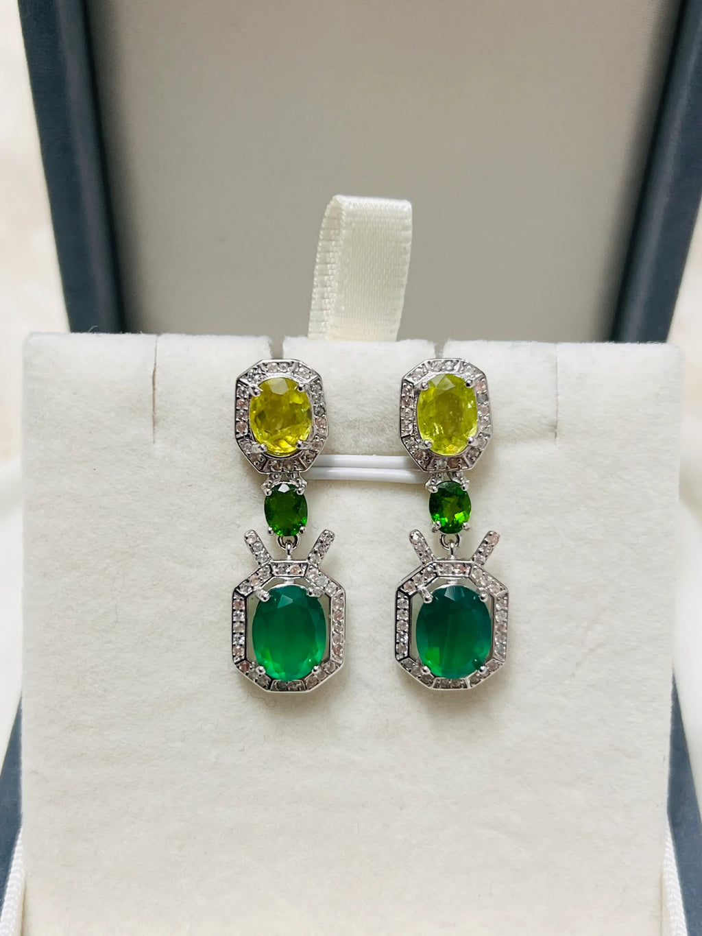 Handmade Emerald, Peridot, Chrome Diopside & Cubic Zirconia Earrings