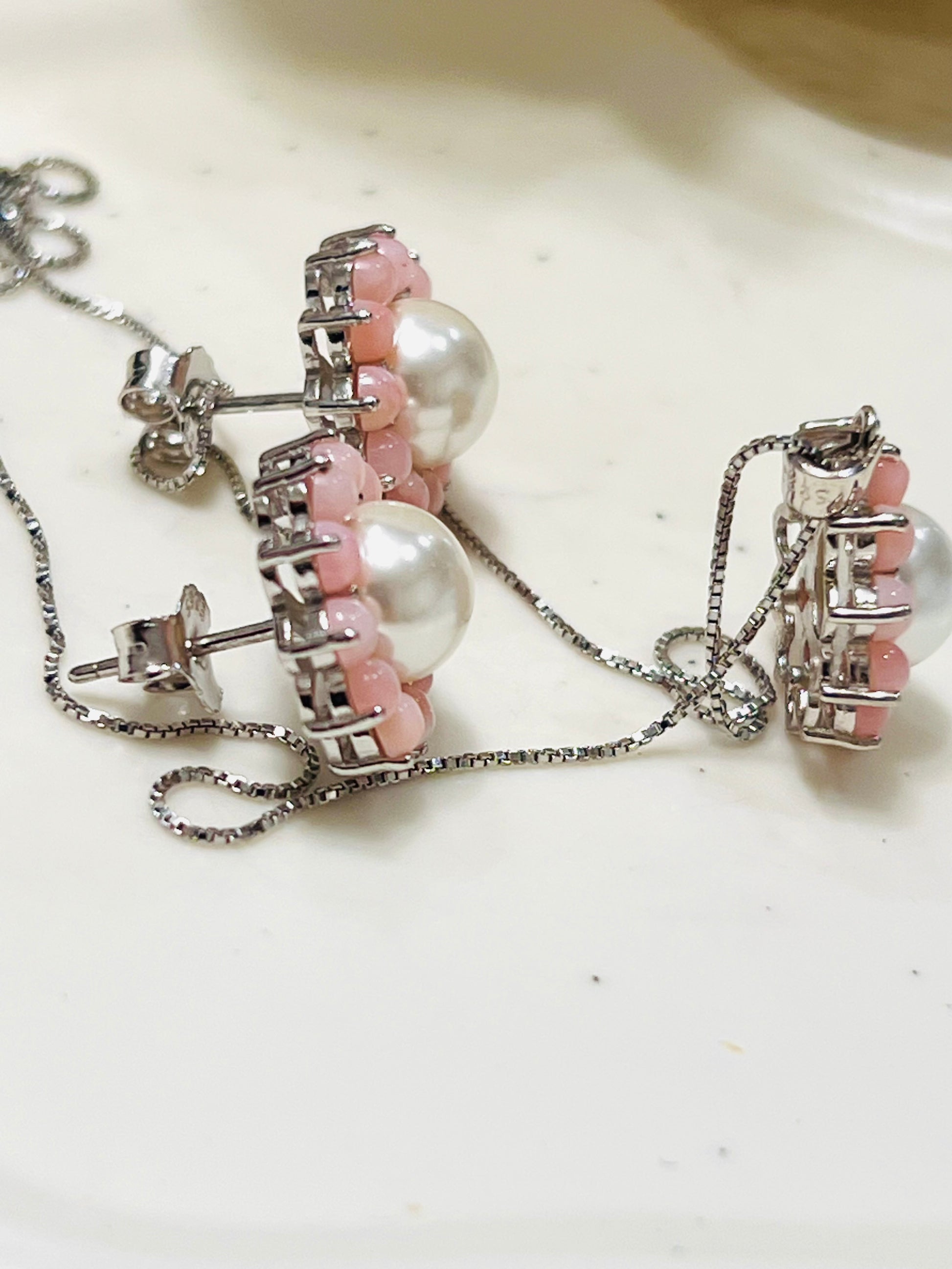 Handmade Natural Pink Opal and Pearl Jewelry Set